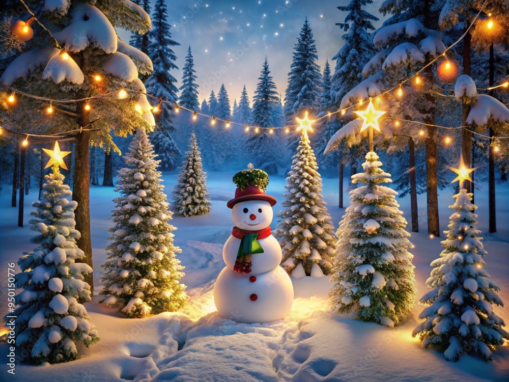 Obraz premium A snowy forest with a snowman standing in the clearing, surrounded by pine trees decorated with Christmas lights