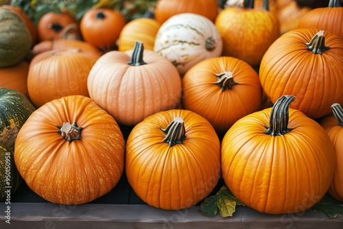 Various fresh ripe pumpkins in the background