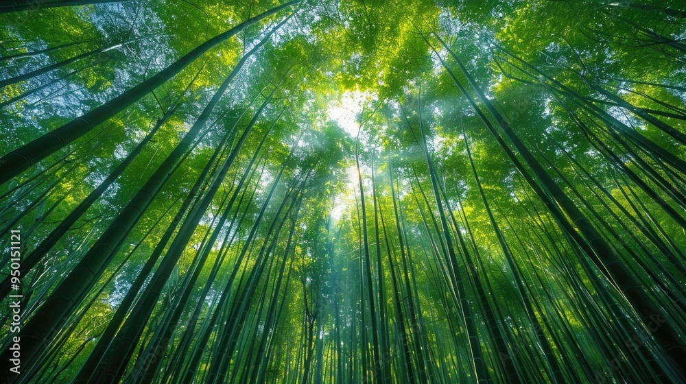 Serene Bamboo Forest with Tall Slender Stalks and Glowing Sunlight Rays Casting a Peaceful Tranquil Atmosphere in the Lush Green Landscape Serene Bamboo Forest with Tall Slender Stalks and Glowing Sunlight Rays Casting a Peaceful Tranquil Atmosphere in the Lush Green Landscape