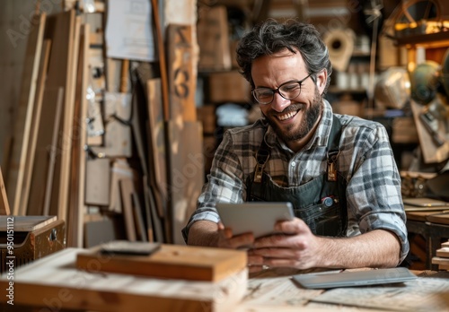 Smiling Carpenter Using Tablet in Workshop