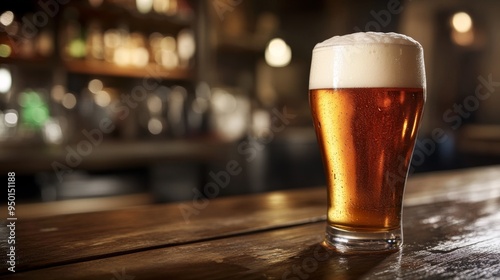 A frosty pint of beer with a foamy top, set on a wooden bar counter with a blurred pub background, capturing the refreshing and inviting nature of a cold drink.