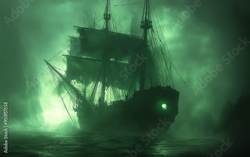 Haunted ship drifting in a foggy sea photo