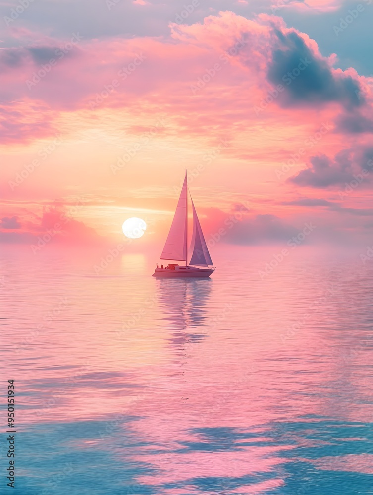 Fototapeta premium Sailboat Gliding Across Tranquil Waters at Sunset with Warm Glow