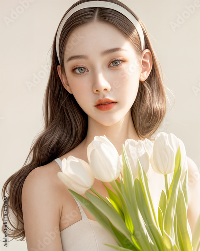 High Quality Detailed, Woman Beauty nature light glowing perfect skin and white tulip flower, AI generative.