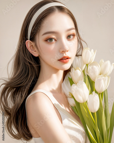 High Quality Detailed, Woman Beauty nature light glowing perfect skin and white tulip flower, AI generative.