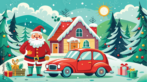 Vintage Christmas and New Year.  Winter nature with house, Christmas tree in cozy home and red retro car for greeting card, Vector illustration of Santa Claus, cover or poster