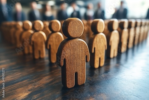 Wooden Figures: Unity in a Diverse Workforce: Wooden figures stand in a line, symbolizing unity and diversity in the workplace. A powerful image conveying the importance of a strong team.  photo