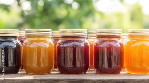 A colorful display of jars filled with various types of natural honey, showcasing their rich hues and textures in a rustic setting.