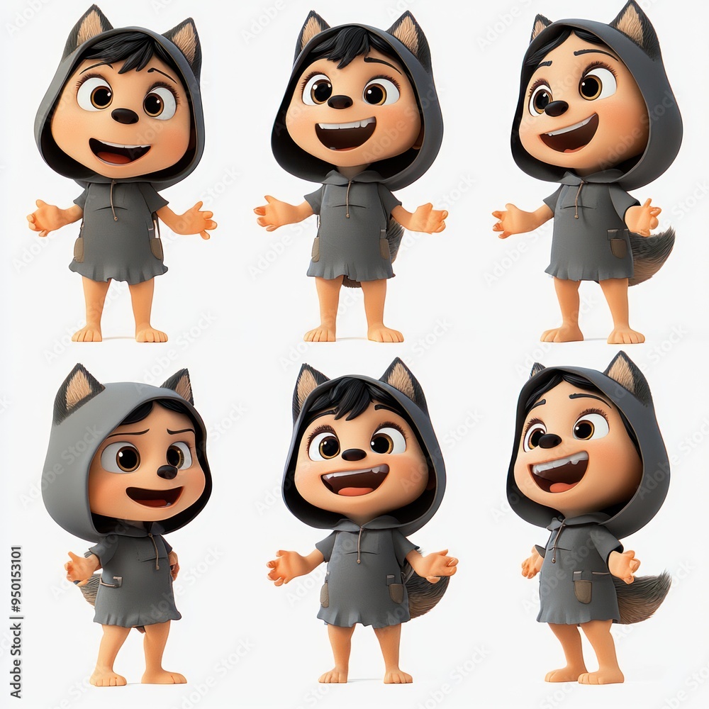 A cartoon character in a wolf hoodie displaying various emotions and poses. A cartoon character in a wolf hoodie displaying various emotions and poses.