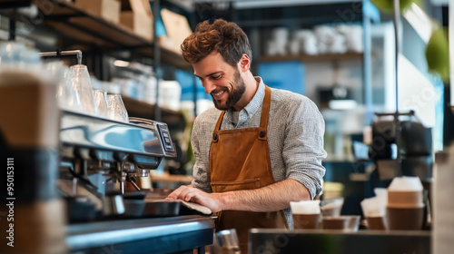 a barista or bartender stands at the counter in a coffee shop and prepares coffee. the concept of small business and business support. Cafes and businesses. Cafe employee