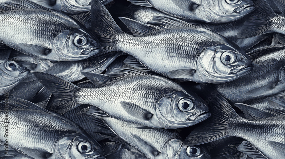 Fototapeta premium Fresh raw fish on the counter of a fish store in the market. Fresh seafood fishes close up pattern background.