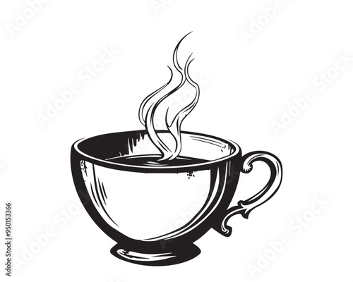 Hand-drawn Black and White Coffee Cup Sketch Vector Illustration in Engraved Woodcut Style