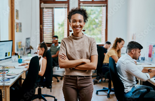 Crossed arms, happy and portrait of woman in office with pride for management, creativity or career. Team, confident and young female public relations worker with smile at startup agency in Spain. photo