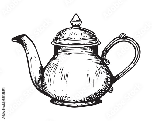 Teapot Illustration in Black and White Vintage Woodcut Style Vector Drawing