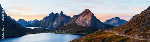 Stunning panoramic view of majestic mountains reflecting in a serene lake under a colorful sunset sky.