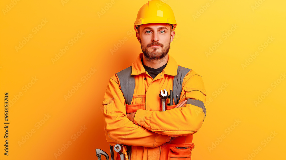 A man in work clothes stands against a yellow background in the studio with empty copy space. Worker plumber builder installer model person on empty studio background A man in work clothes stands against a yellow background in the studio with empty copy space. Worker plumber builder installer model person on empty studio background