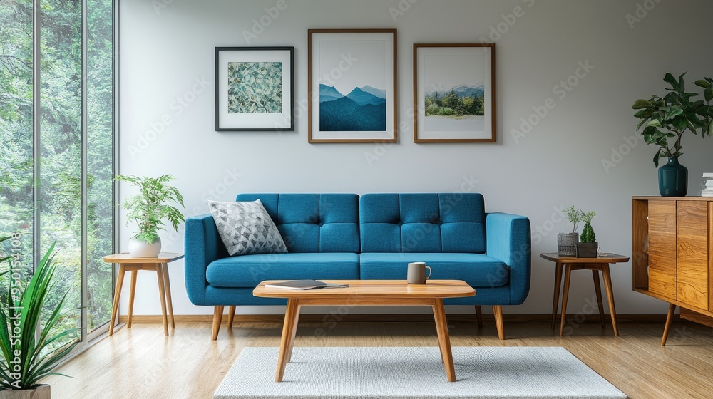 A modern living room with a blue sofa, designed in a mid-century Scandinavian style. The room features clean lines, natural wood elements, and a simple yet elegant aesthetic that highlights comfort A modern living room with a blue sofa, designed in a mid-century Scandinavian style. The room features clean lines, natural wood elements, and a simple yet elegant aesthetic that highlights comfort