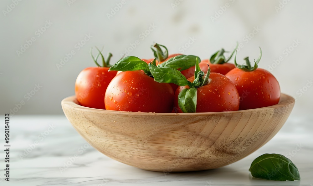 Minimalist Arrangement, Simple and elegant arrangement of tomatoes and basil in a wooden bowl with a clean Minimalist Arrangement, Simple and elegant arrangement of tomatoes and basil in a wooden bowl with a clean