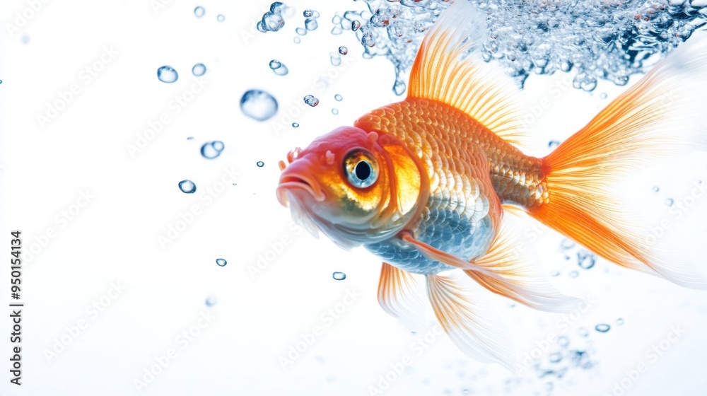 A goldfish caught mid-swim, with bubbles rising around it, against a white background, creating a dynamic and lively underwater scene with minimal distractions. A goldfish caught mid-swim, with bubbles rising around it, against a white background, creating a dynamic and lively underwater scene with minimal distractions.
