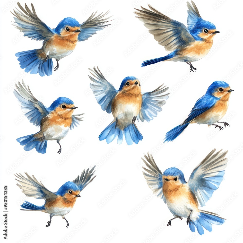 A collection of illustrated bluebirds in various poses, showcasing their vibrant colors. A collection of illustrated bluebirds in various poses, showcasing their vibrant colors.