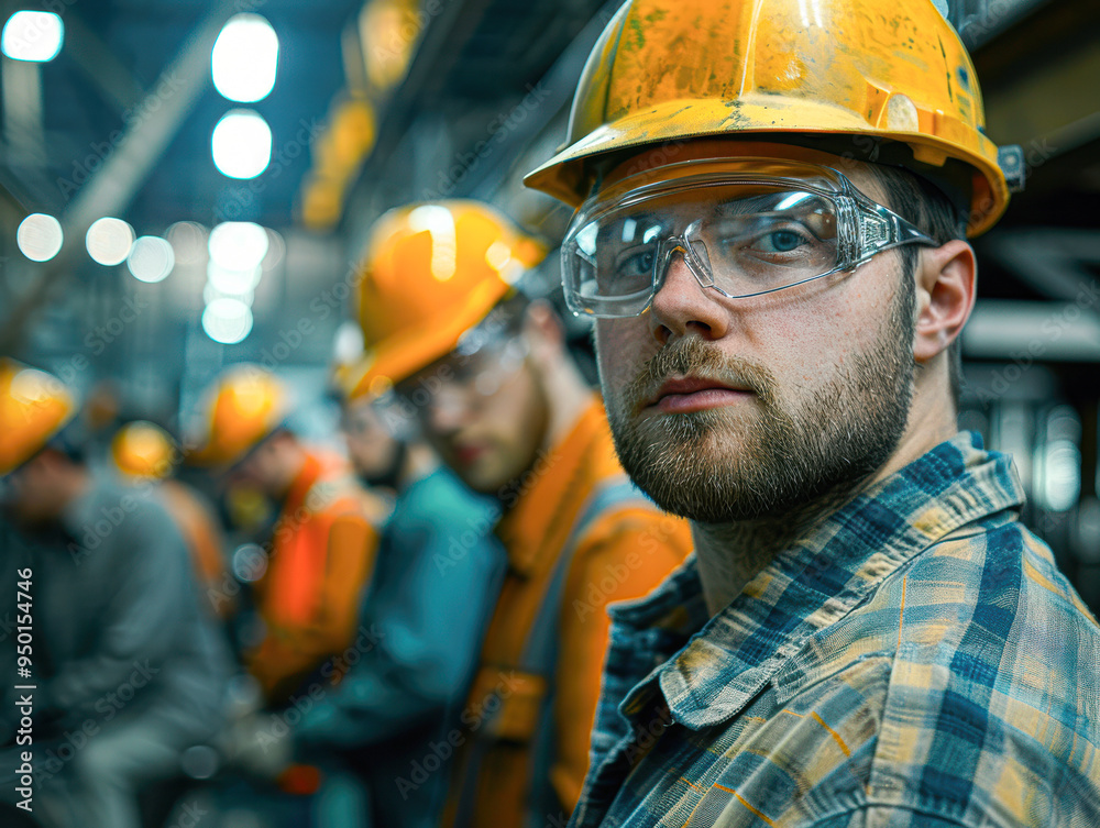 Team of Industrial Workers in Hard Hats and Safety Vests Engaged in Collaborative Conversation