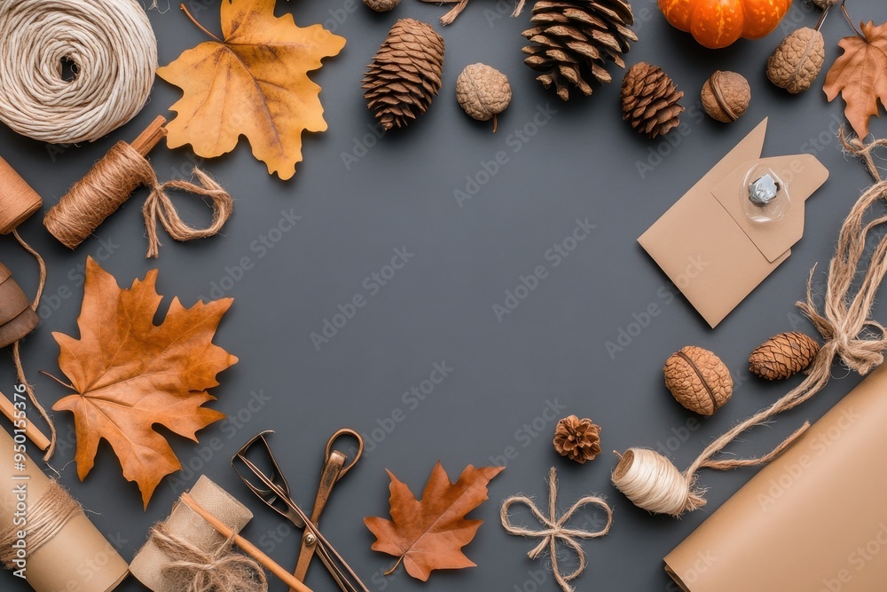 Handmade Thanksgiving Decorations: A crafting table with supplies like leaves, acorns, pinecones, and paper for making DIY Thanksgiving decorations. Finished crafts like garlands and place cards are d Handmade Thanksgiving Decorations: A crafting table with supplies like leaves, acorns, pinecones, and paper for making DIY Thanksgiving decorations. Finished crafts like garlands and place cards are d