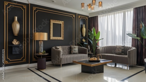 An art deco style interior design of a modern living room with a black wall and golden decor pieces. A golden lamp with a black shade on a dark wooden table and golden decorative items.