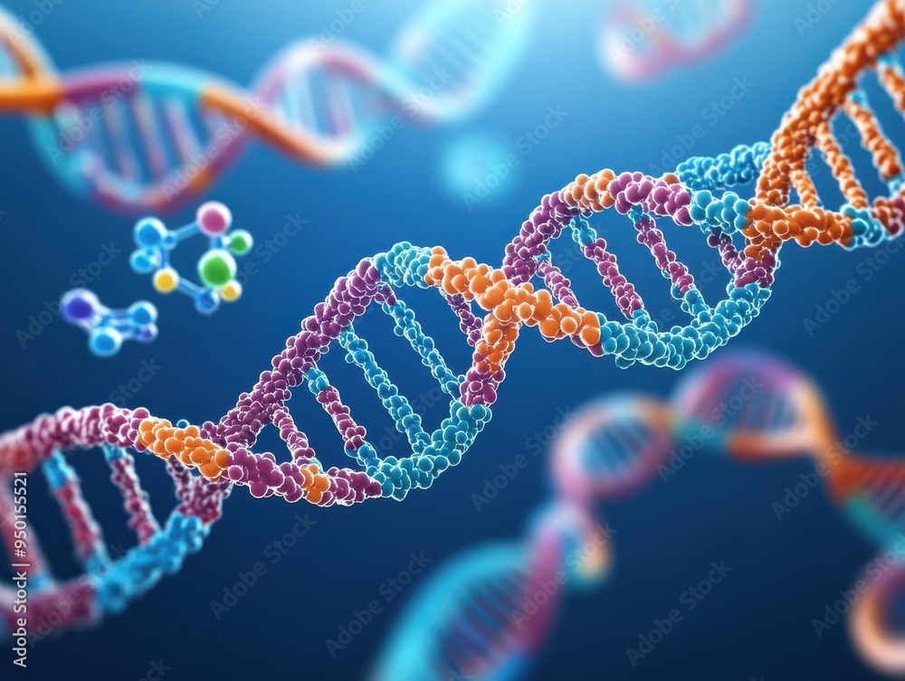 A vibrant representation of DNA, showcasing its double helix structure in a scientific background, ideal for educational and research use. A vibrant representation of DNA, showcasing its double helix structure in a scientific background, ideal for educational and research use.