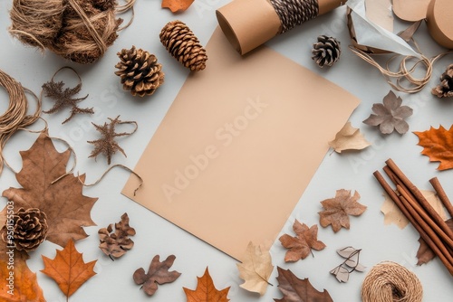 Handmade Thanksgiving Decorations: A crafting table with supplies like leaves, acorns, pinecones, and paper for making DIY Thanksgiving decorations. Finished crafts like garlands and place cards are d photo