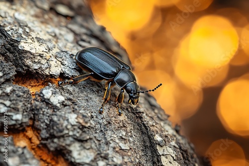 Black beetle with orange details crawling on bark