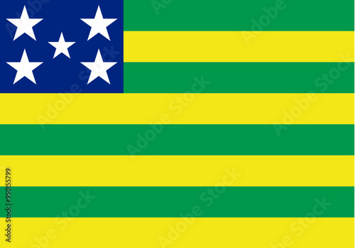 Flag of Goias state (Federative Republic of Brazil, Goiás) four green and four yellow stripes. Blue rectangle on the upper left hoist with five white stars, four on each side and one in the center