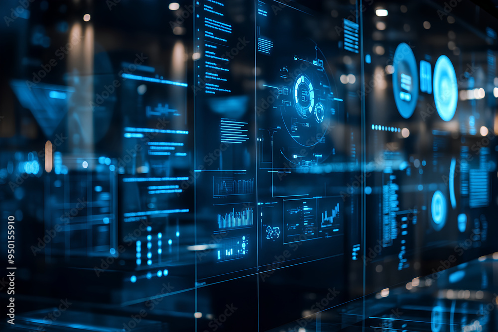 Fototapeta premium Digital data visualization of advanced technology, featuring futuristic holographic displays and charts on glass surfaces with dark blue lighting.