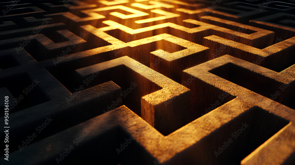 3D rendering of an intricate maze with golden light shining through 3D rendering of an intricate maze with golden light shining through