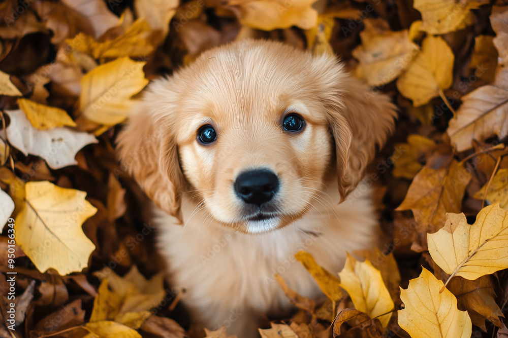 Cute Golden Retriever puppy portrait in autumn. Happy dog playing with fallen leaves in the forest Cute Golden Retriever puppy portrait in autumn. Happy dog playing with fallen leaves in the forest
