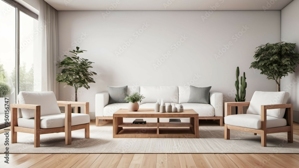 Cubic wooden coffee table between white sofa and armchairs. Scandinavian style home interior design of modern living room. Cubic wooden coffee table between white sofa and armchairs. Scandinavian style home interior design of modern living room.