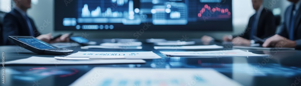 custom made wallpaper toronto digitalBusiness meeting with graphs and documents, showcasing modern technology in a corporate setting.