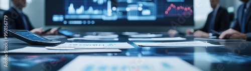 Wallpaper Mural Business meeting with graphs and documents, showcasing modern technology in a corporate setting. Torontodigital.ca