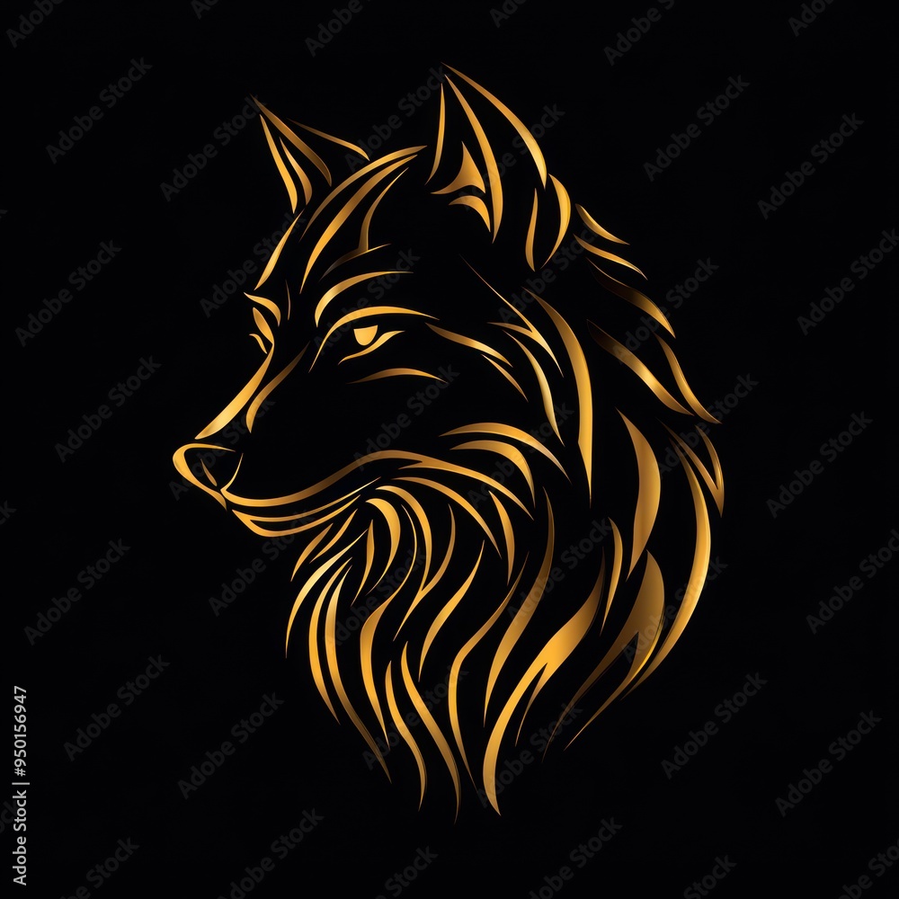 Obraz premium A stylized golden wolf head design on a black background, showcasing elegance and strength.