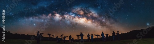 Stargazers marveling at the Milky Way, surrounded by telescopes in a dark sky, creating a mesmerizing celestial atmosphere.
