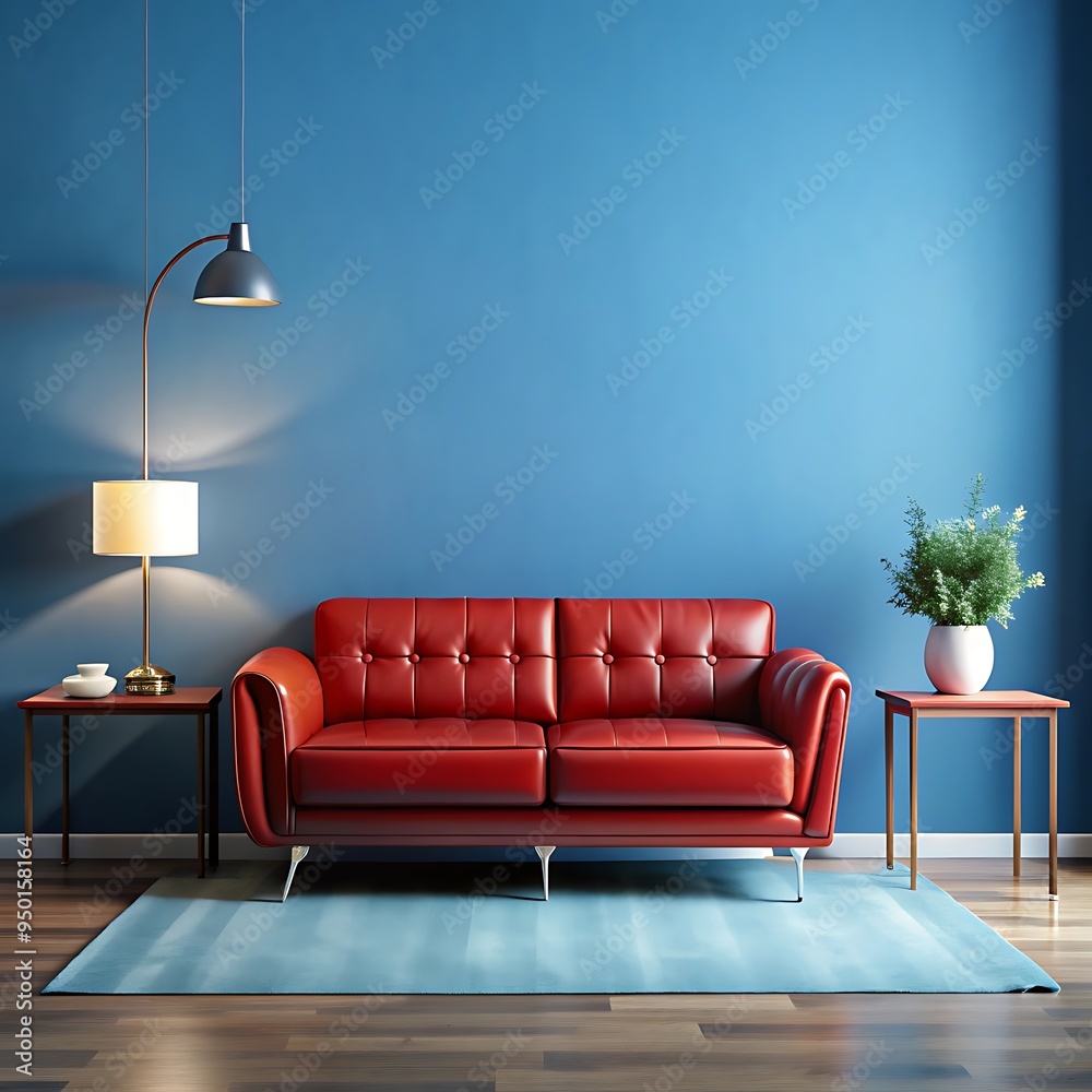 Obraz premium A red couch with a red cover and a lamp on the floor