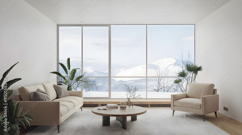 A Scandinavian minimalist home interior design of a modern living room, a beige sofa, armchair and a  round wooden coffee table, a floor-to-ceiling panoramic window with a winter mountain view.