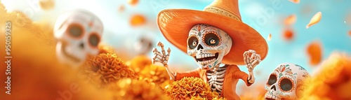 Day of the Dead celebration with ghostly figures dancing among vibrant marigolds and sugar skulls, blending life and death, Halloween, Folklore photo