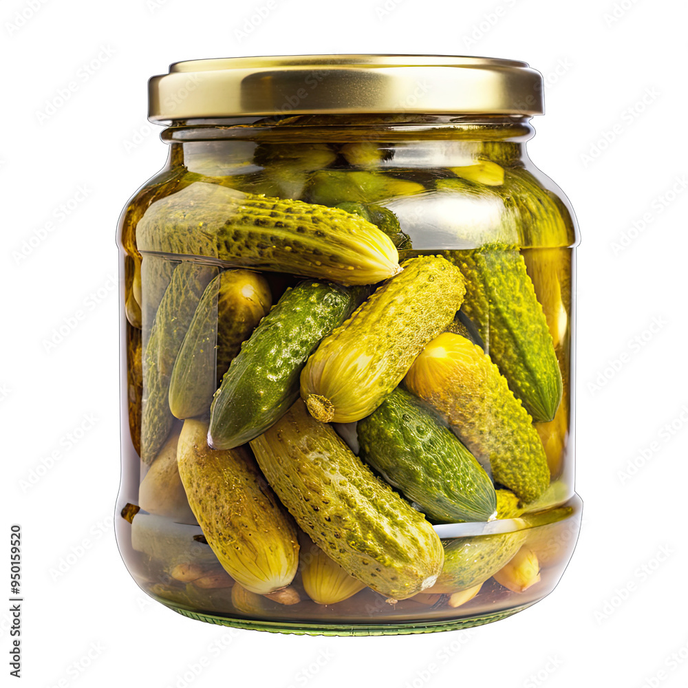 A glass jar filled with pickled cucumbers is isolated on a white background. The jar has a gold lid and the pickles are arranged in a cluster, partially visible through the glass A glass jar filled with pickled cucumbers is isolated on a white background. The jar has a gold lid and the pickles are arranged in a cluster, partially visible through the glass