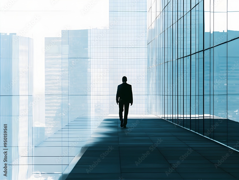 Silhouetted Executive Against Geometric Urban Backdrop in Tilt Shift Capture Silhouetted Executive Against Geometric Urban Backdrop in Tilt Shift Capture