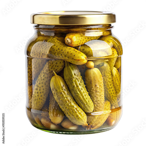 A glass jar filled with green pickles, with a gold lid, is isolated on a white background photo