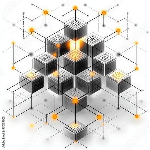 Interconnected Data Cubes: Abstract illustration of interconnected data cubes, representing the concept of data integration, network connectivity, and information flow within a complex system.   photo