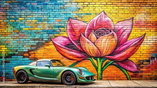 A vibrant graffiti mural adorns a brick wall, a retro Lotus 7 sports car bursting with colorful lines and curves in a striking single-line drawing.