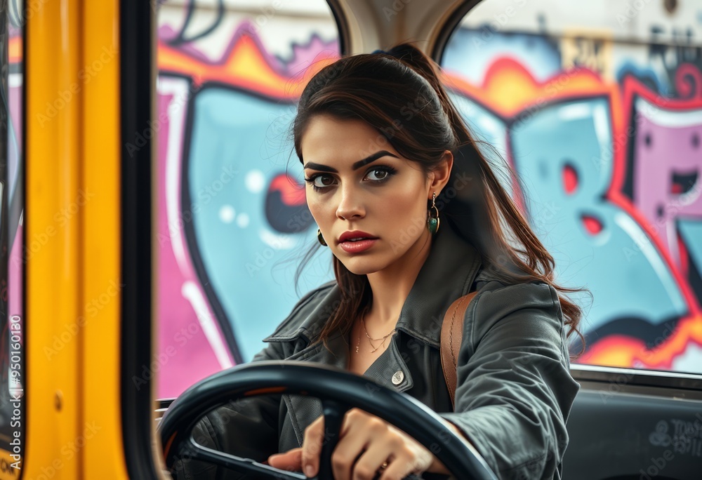 Artistic Graffiti Background The woman’s determined expression Artistic Graffiti Background The woman’s determined expression