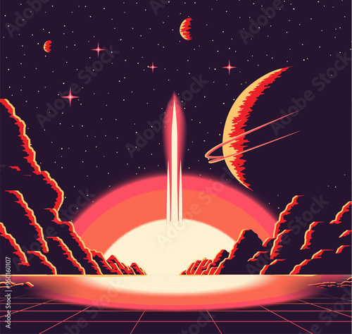 Landscape with rocket launch and mountains, sci-fi scene on far planet. Retro futuristic sunrise in 80s atomic era style.