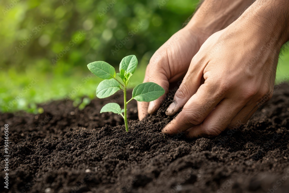 Hands Planting a Seedling: A close-up of hands planting a small seedling in rich, dark soil. The image should convey the hope and nurturing required to grow food, with a green, leafy background slight Hands Planting a Seedling: A close-up of hands planting a small seedling in rich, dark soil. The image should convey the hope and nurturing required to grow food, with a green, leafy background slight